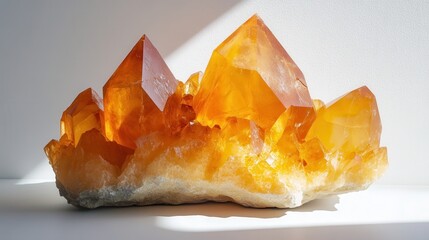 Poster - Large citrine crystal cluster with prominent points gleaming brightly in sunlight, resting on a white surface, creating a captivating display of natural beauty and color