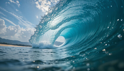 Wall Mural - An impressive ocean wave forms a perfect curl under the sunlight, reflecting shades of blue and white. The calm beach in the background adds a serene touch to this coastal scene