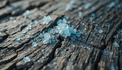 Poster - A wooden surface showcases scattered blue crystals and glistening droplets, reflecting sunlight, creating a mesmerizing display of colors and textures in an outdoor setting