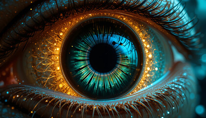 Poster - A close-up view reveals the striking colors and patterns of a human eye. Golden hues blend with shades of blue and green, highlighting the unique complexity of vision