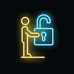 Poster - Neon sign of a businessman unlocking a padlock on a black background