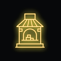 Poster - Glowing neon line icon of a warehouse building with boxes inside, representing storage and logistics