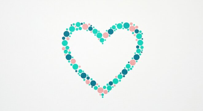 A heart composed of numerous small dots the dots are color in a variety of hues including shades of blue, light pink, and turquoise on white background