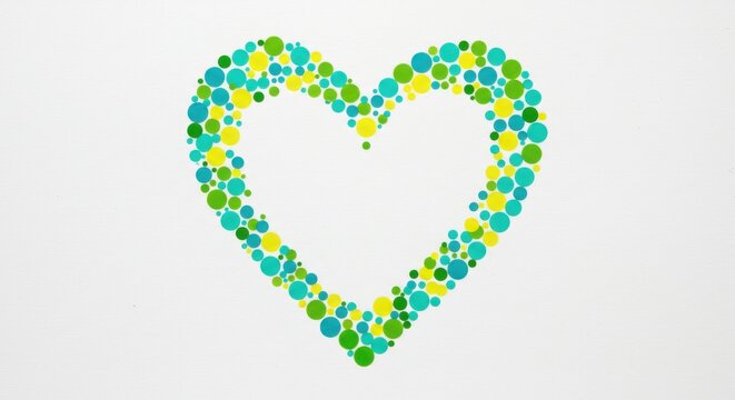 A heart composed of numerous small dots the dots are color in a variety of hues including shades of blue, aqua, and yellow on white background