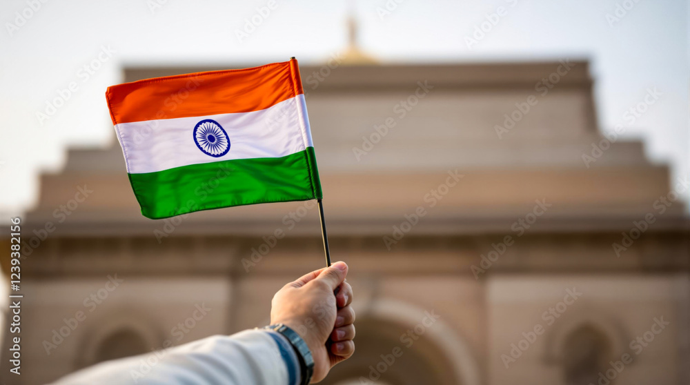 hand raising an Indian national flag against the backdrop of an ...