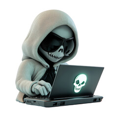 isolated ghostly hacker using a glowing laptop