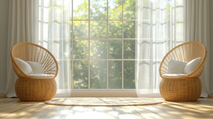 Wall Mural - Sunny room, wicker chairs, window view, relaxation