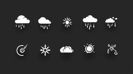 icons different weather conditions sun cloud rain snowflake and thunderstorm all icons use clean lin