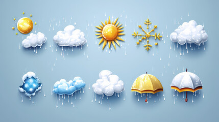 icons different weather conditions sun cloud rain snowflake and thunderstorm all icons use clean lin