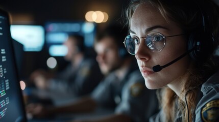 Poster - a female member of the technical support team offers guidance while wearing headsets. behind her, ot