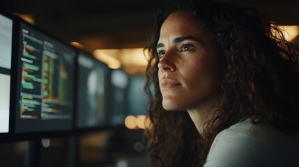 Poster - the female engineer controller monitors the system's function, with workers in the background and va