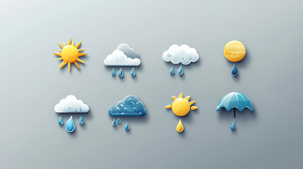 weather icons displayed on a gray background, illustrating various weather conditions such as sun, r