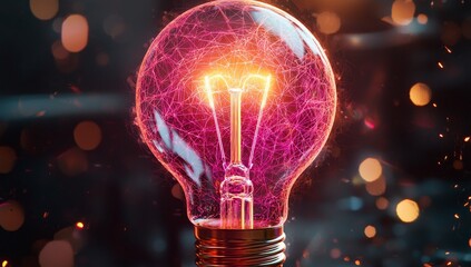 Poster - A light bulb indicating a Polygon business idea, against a blockchain network HUD background, symbolizing inspiration, innovative design, creativity, a digital mindset, and the future, made with