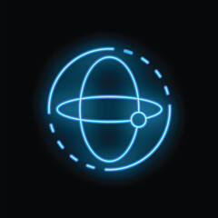 Poster - Blue neon sign representing a rotating globe with its axis, perfect for topics of globality and technology