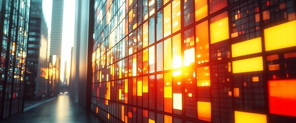 Aufkleber - Cityscape sunrise, glowing panels, urban street