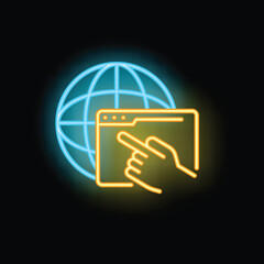 Poster - Neon sign depicting a hand with finger extended, pointing at a website window, with a globe in the background