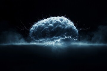 Poster - A digital illustration of the human brain. Electrical activity, flashes, and lightning effects are visible on a blue backdrop