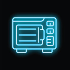 Poster - bright blue neon microwave oven icon glowing against a black background