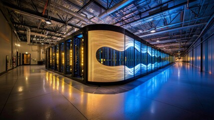 Aufkleber - Visual depiction of a functioning data center where rows of rack servers are linked by Ethernet connections, shown with visualization lines