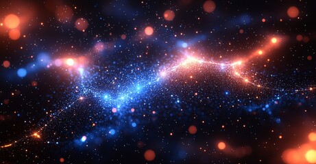 Poster - Abstract background in blue, composed of pixel particles and lines flowing in waves of futuristic hi-tech, with a glowing effect that blurs the background, screensaver