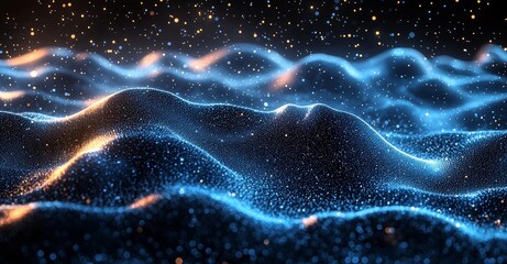 Poster - A futuristic hi-tech screensaver featuring a blue abstract background with pixel particles and lines wave-like motion, enhanced by a glowing effect that softens the backdrop
