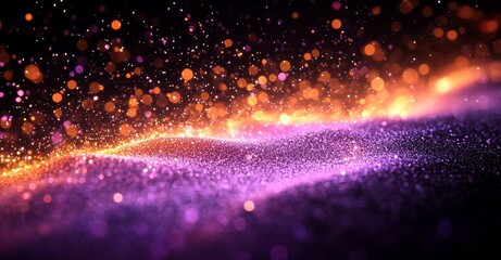 Poster - Abstract purple background composed of pixel particles and lines undulating in futuristic hi-tech waves with a glow effect, featuring background blur, served as a screensaver
