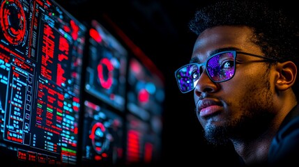 Poster - Focused programmer analyzing data on large monitor, dark room