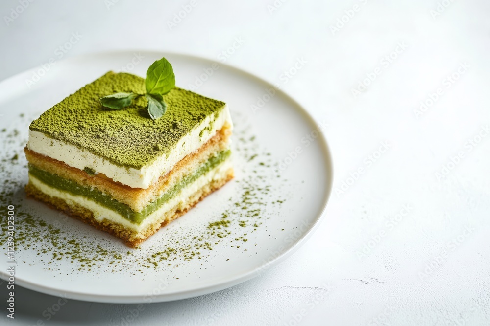Matcha Dusting dish of tiramisu made with matcha green tea instead of coffee arranged ...