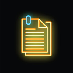 Poster - Neon icon of two documents attached with a paperclip, glowing on a black background