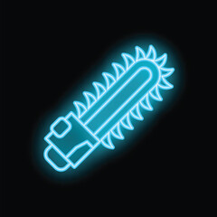Poster - Bright blue neon chainsaw glowing on dark background, perfect for themes of lumberjack work or dangerous tools