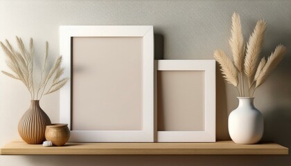 Two blank picture frames wall art posters on a wooden shelf with decorative items mockup