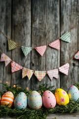 Poster - A bunch of Easter eggs are arranged on a wooden table. The eggs are painted in various colors and designs, and they are placed on a green leafy background. Concept of celebration and joy