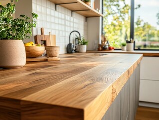 Wall Mural - The image showcases a beautiful wooden kitchen countertop, part of a modern and functional design that balances style with utility.