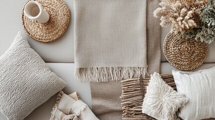 Poster - Soft textures blend harmoniously in a tranquil living area, showcasing neutral tones through decorative pillows, woven mats, and calming accents. A sense of warmth and comfort pervades the setting