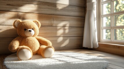 Wall Mural - Teddy bear sits sunlit wooden room, window view, nursery decor