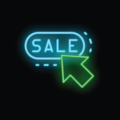 Poster - Green neon arrow pointing at a blue neon sale sign on a black background