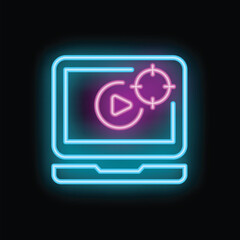 Poster - Neon laptop showing video marketing targeting concept with a play button inside a target on a dark background
