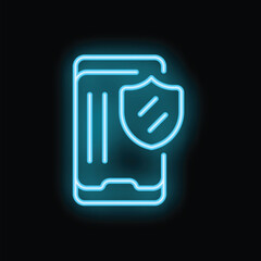 Poster - Blue neon icon of a smartphone with a shield on a black background representing mobile security
