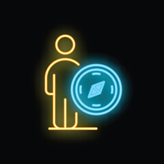 Poster - Neon sign of a businessman holding a compass, representing strategy, vision, and leadership