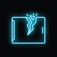 Poster - Neon sign is glowing blue against a black background, depicting a smartphone with a cracked screen