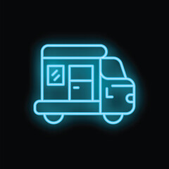 Poster - Bright blue neon sign of a campervan glowing on a black background
