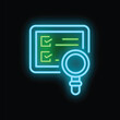 © ylivdesign - Glowing neon icon representing quality control with magnifying glass inspecting checklist on clipboard