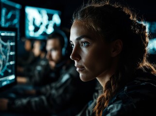 Poster - Digital technology empowers a software engineer who uses a computer, writes lines of code, performs data analysis, and applies AI algorithms to enhance business operations