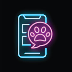 Poster - Neon glowing icon of a smartphone displaying a pet paw print in a speech bubble, suggesting a pet related app or service