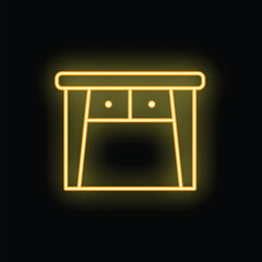 Poster - Bright yellow neon sign in the shape of a desk, glowing against a dark background