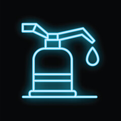 Poster - Glowing neon blue icon of an oiler pouring oil on a black background
