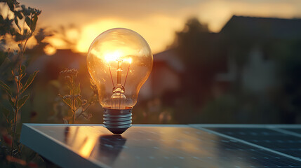 Canvas Print - A light bulb is lit up and is on top of a solar panel. Light Source. Illustration