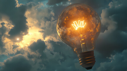 Wall Mural - A light bulb is lit up in front of a cloudy sky. Light Source. Illustration