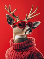 Wall Mural - A deer wearing sunglasses and a red sweater. The deer is smiling and he is enjoying the attention