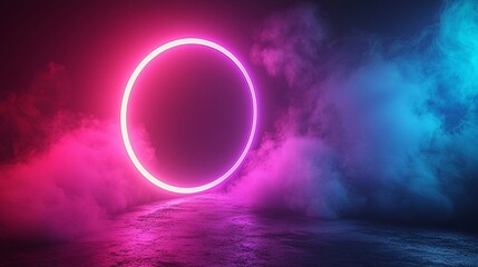 Poster - Glowing neon circle in smoky studio. Background ideal for product placement